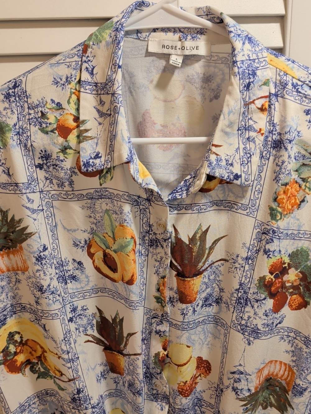 Rose & Olive Cream Button-Up Shirt with Blue Toile and Multicolor Fruit Motif